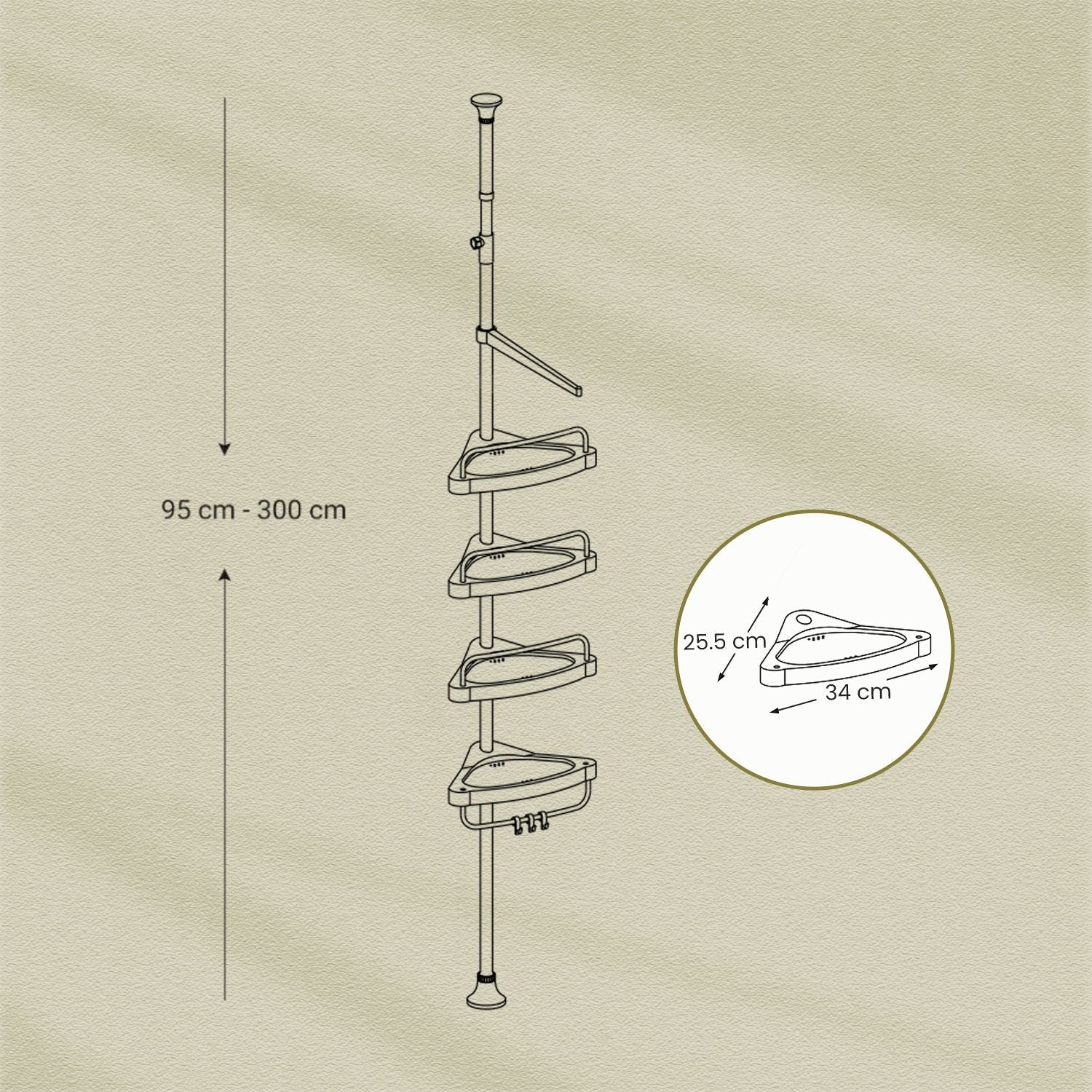 Telescopic Corner Shower Caddy – Stainless Steel – White – Adjustable with 4 Shelves, 3 Hooks, and 1 Towel Bar