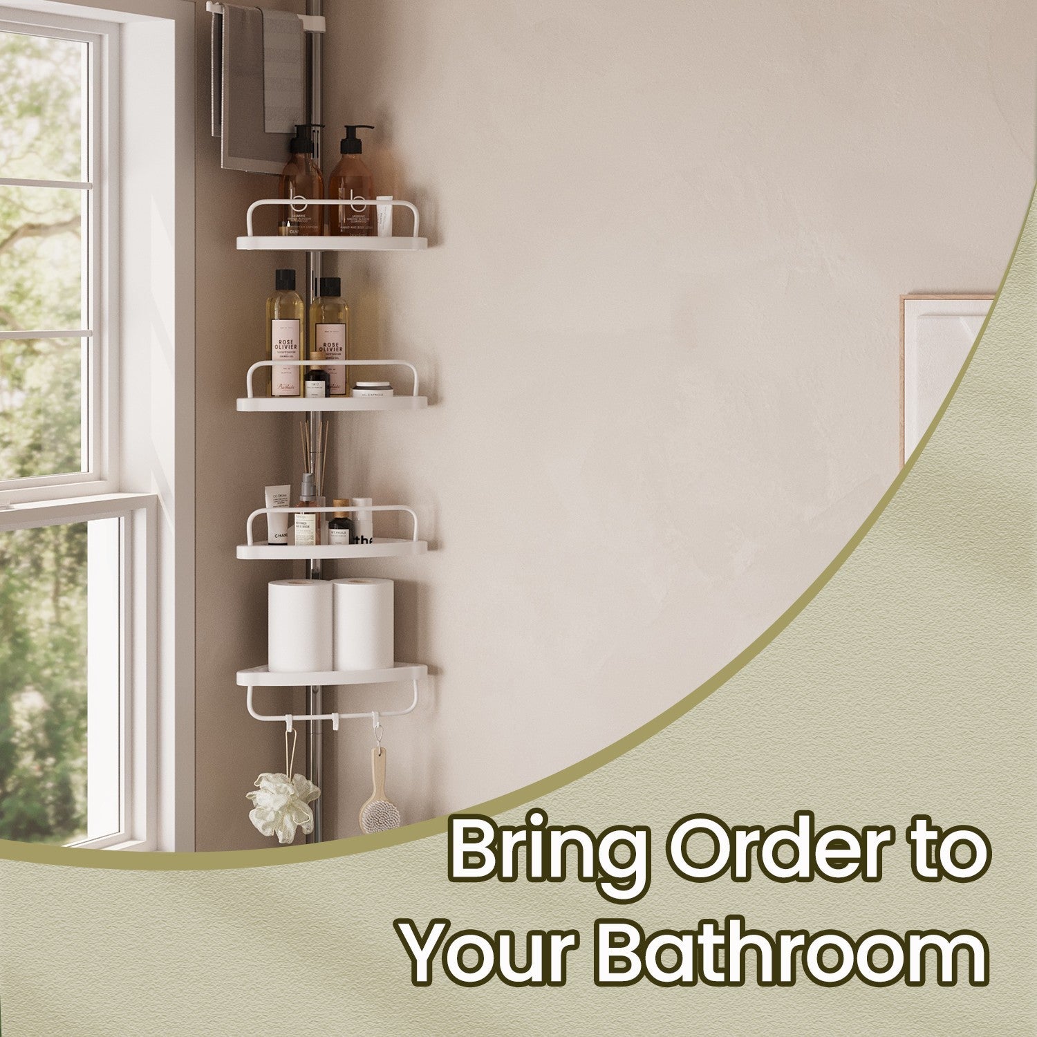 Telescopic Corner Shower Caddy – Stainless Steel – White – Adjustable with 4 Shelves, 3 Hooks, and 1 Towel Bar