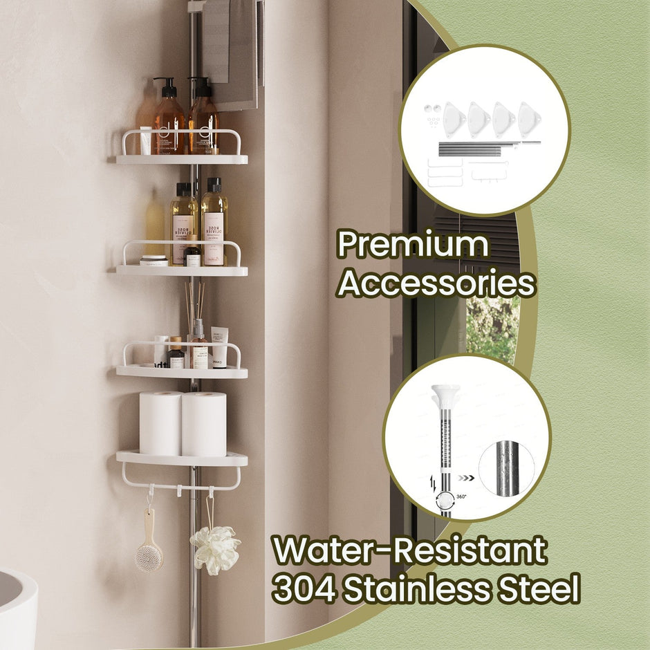 Telescopic Corner Shower Caddy – Stainless Steel – White – Adjustable with 4 Shelves, 3 Hooks, and 1 Towel Bar