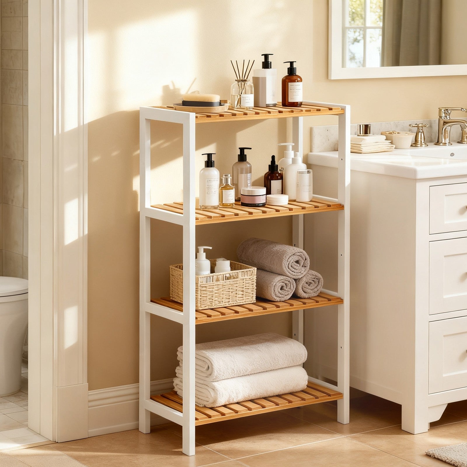 3-Tier Shelving Unit – Bamboo – White – Multifunctional Storage for Hallway and More