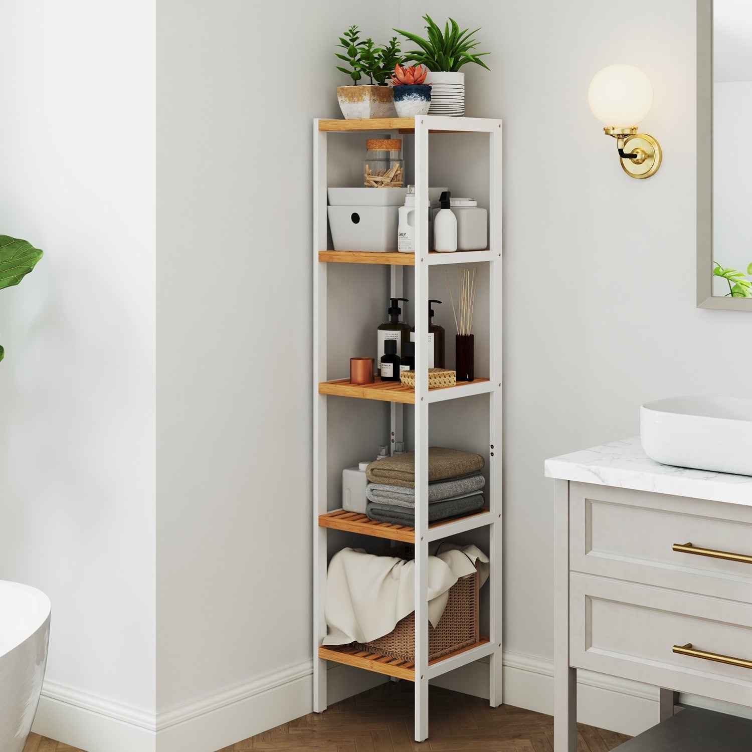 Bamboo Storage Shelf – 5-Tier – Natural Finish – Space-Saving Design for Narrow Spaces