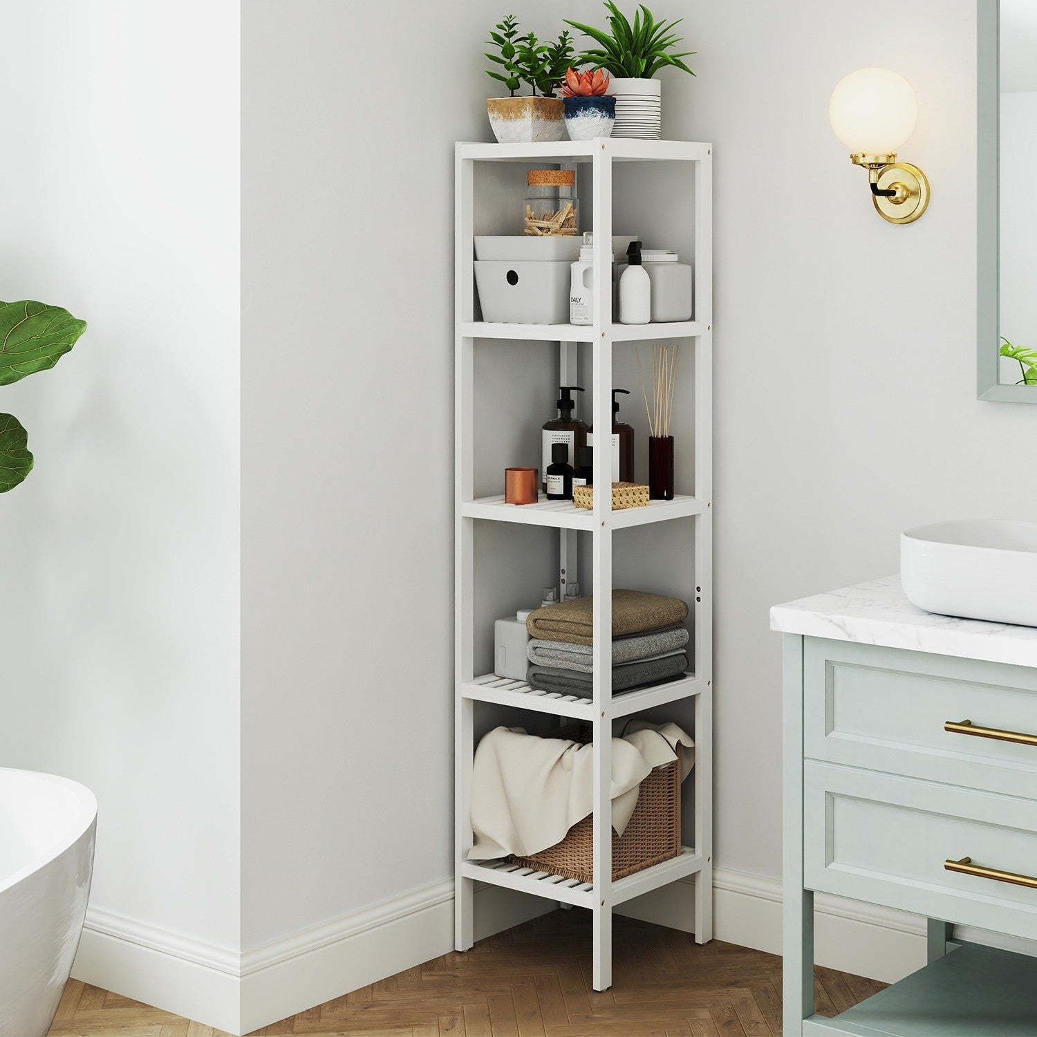 Bamboo Storage Shelf – 5-Tier – Natural Finish – Space-Saving Design for Narrow Spaces
