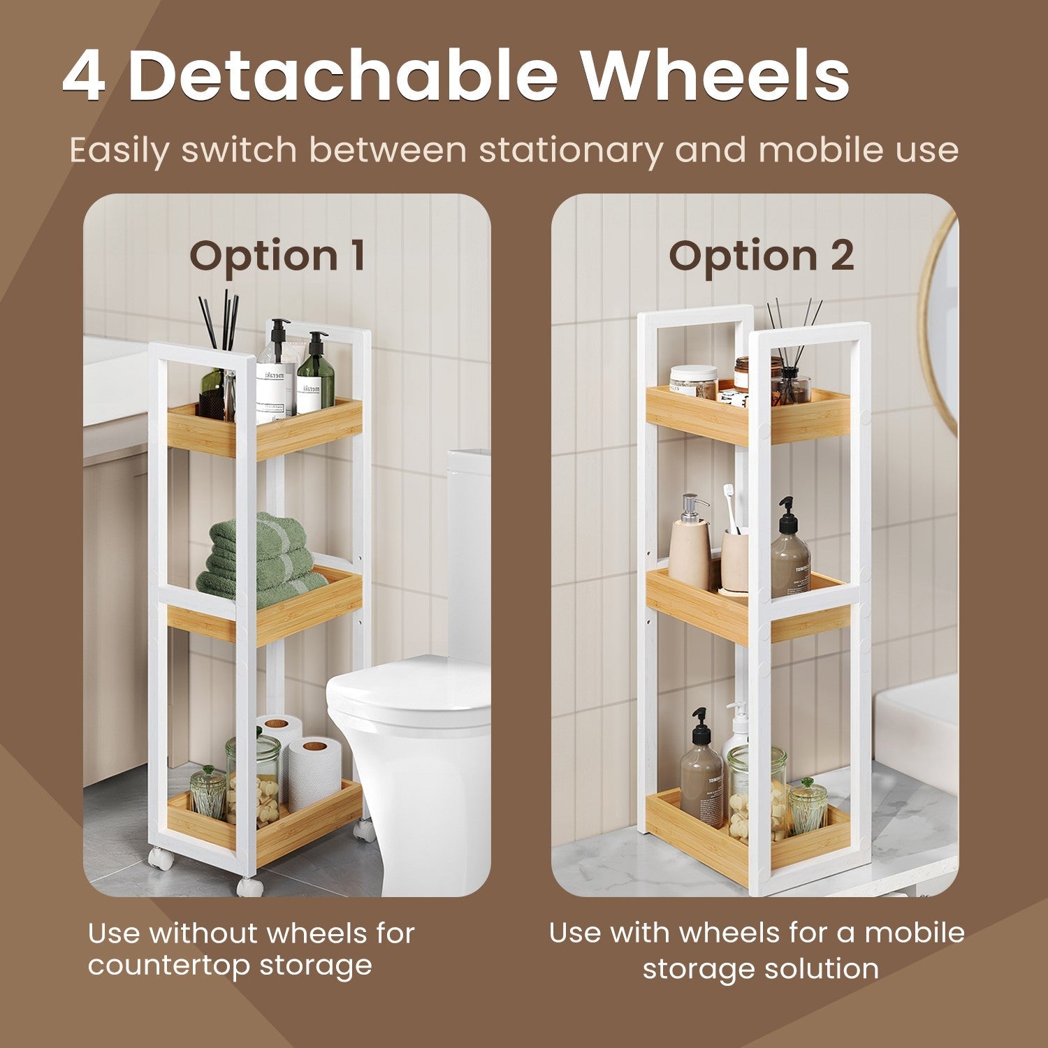 Bathroom Trolley – Bamboo – Natural – Space-Saving 3-Tier Design on Wheels