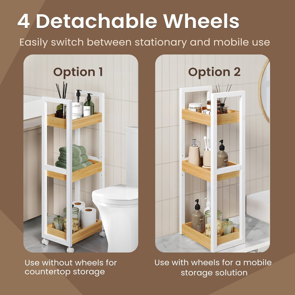 Bathroom Trolley – Bamboo – Natural – Space-Saving 3-Tier Design on Wheels