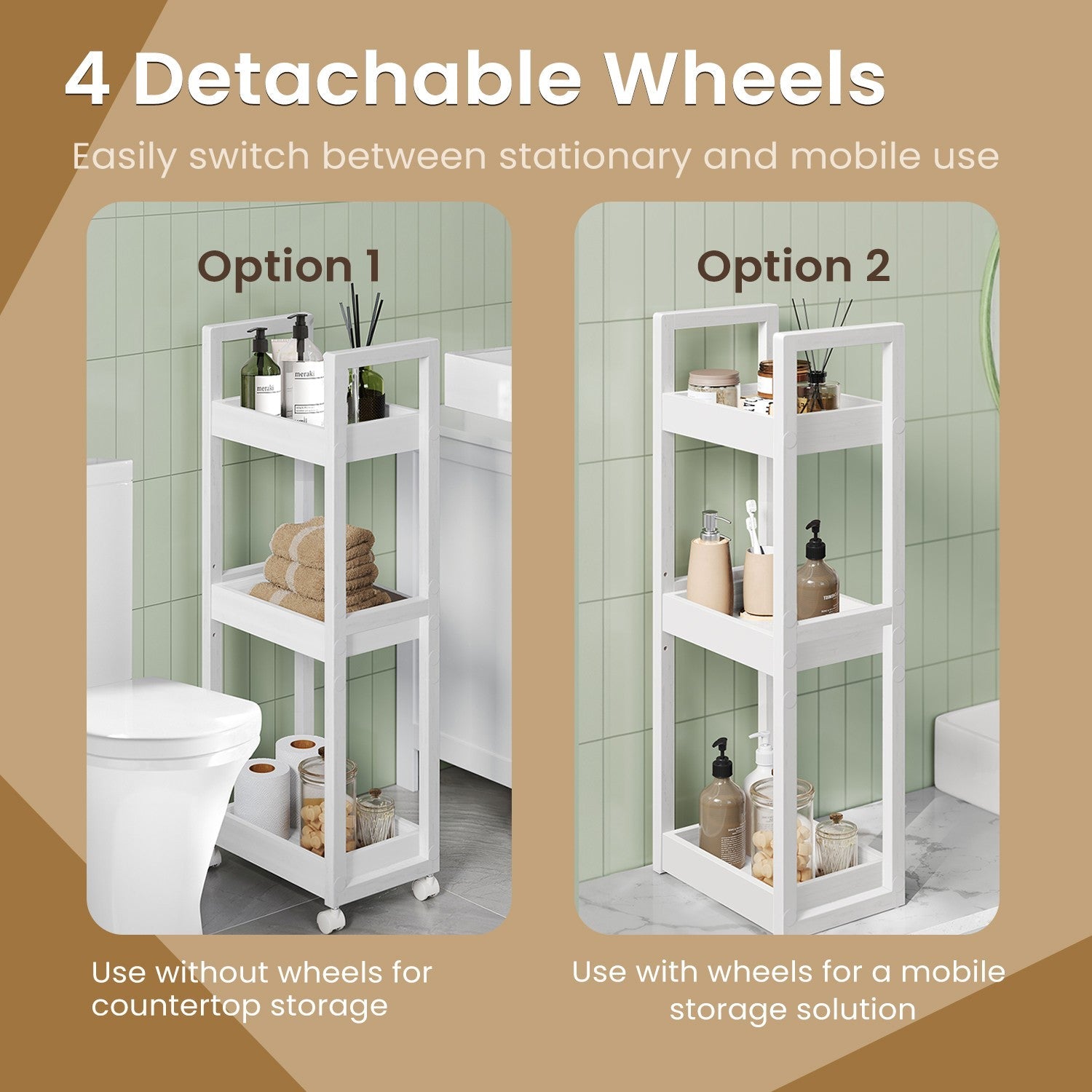 Bathroom Trolley – Bamboo – Natural – Space-Saving 3-Tier Design on Wheels