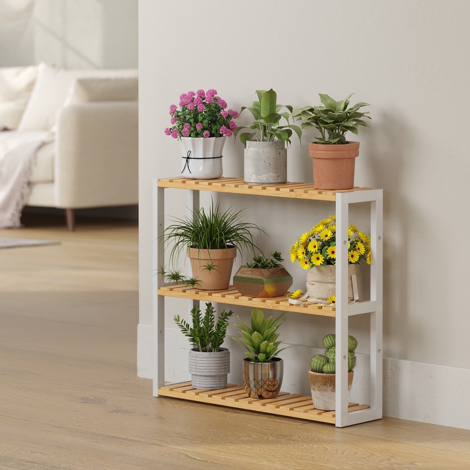 Bamboo Shelving Unit – Bamboo – White – Adjustable 3-Tier Design, Wall-Mounted or Free Standing