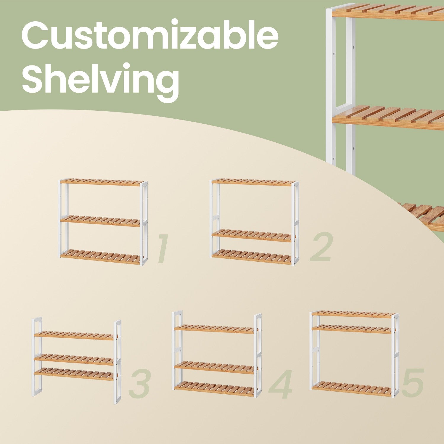 Bamboo Shelving Unit – Bamboo – White – Adjustable 3-Tier Design, Wall-Mounted or Free Standing
