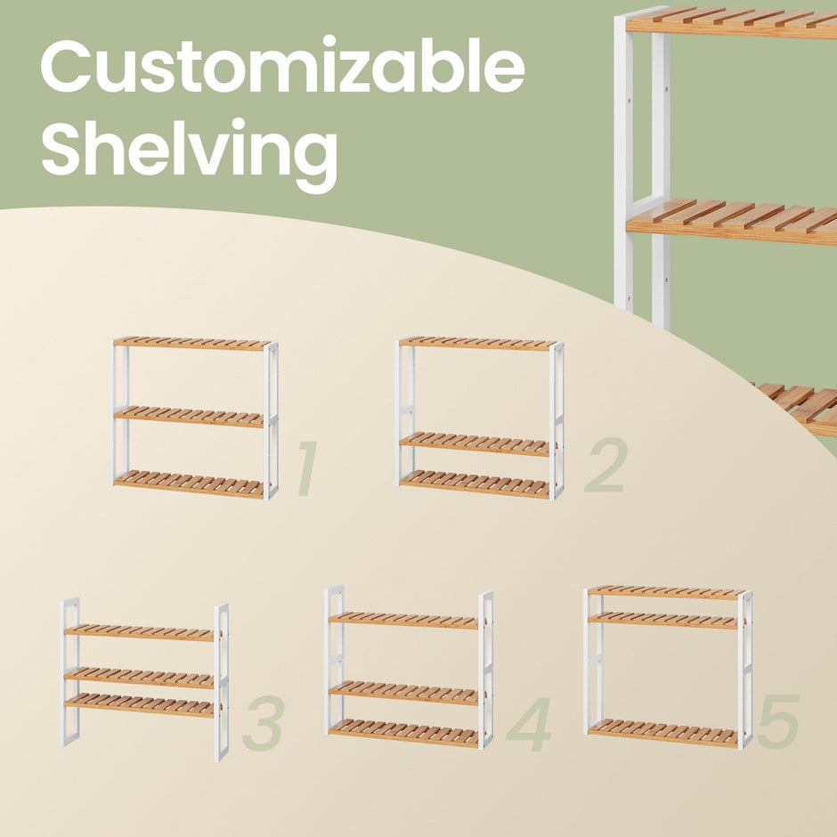 Bamboo Shelving Unit – Bamboo – White – Adjustable 3-Tier Design, Wall-Mounted or Free Standing