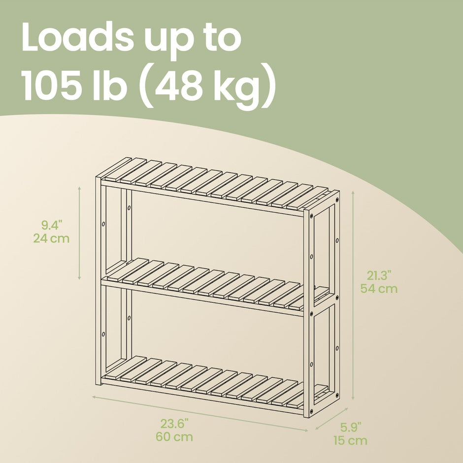 Bamboo Shelving Unit – Bamboo – White – Adjustable 3-Tier Design, Wall-Mounted or Free Standing