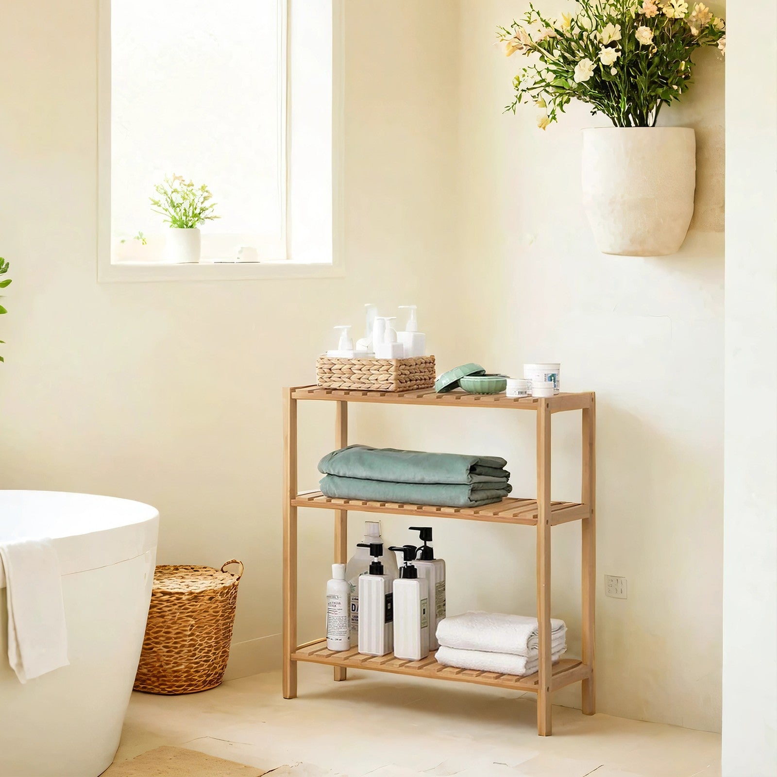 3-Tier Storage Shelf – Bamboo – Natural – Multifunctional Design for Hallway, Bathroom, Kitchen, Living Room