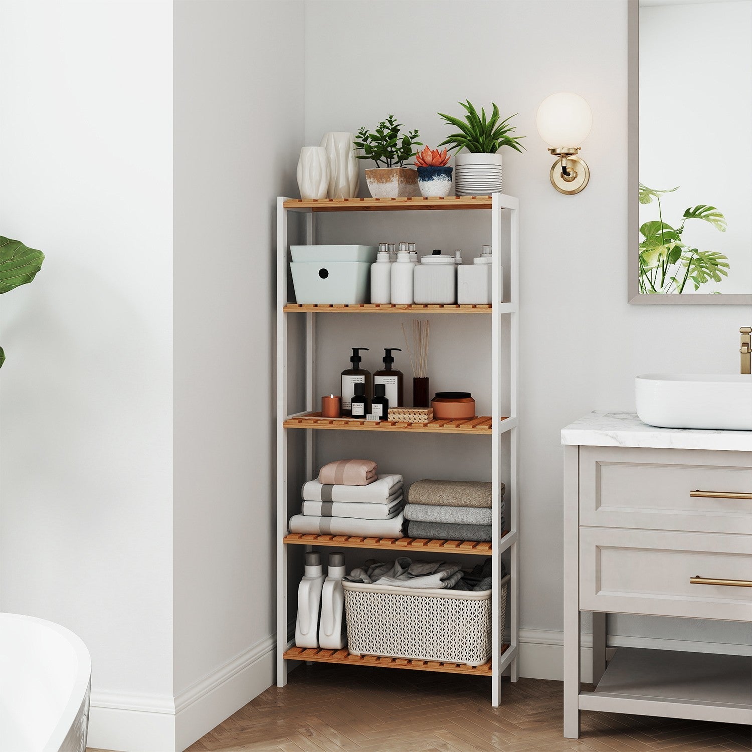 5-Tier Storage Shelf – Bamboo – White and Natural – Adjustable Heights