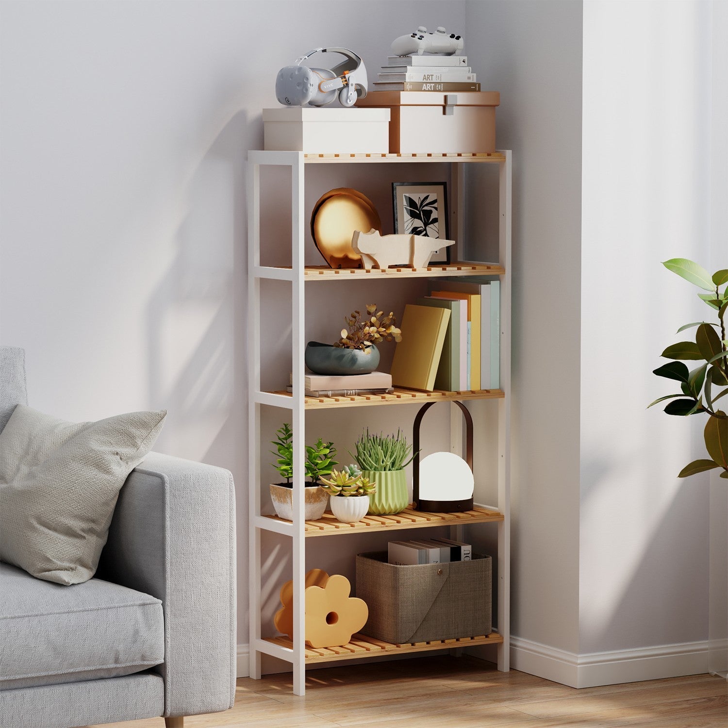 5-Tier Storage Shelf – Bamboo – White and Natural – Adjustable Heights
