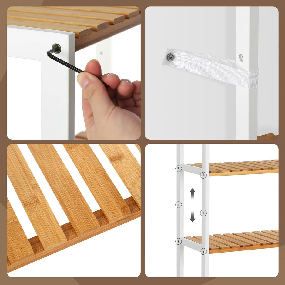 5-Tier Storage Shelf – Bamboo – White and Natural – Adjustable Heights