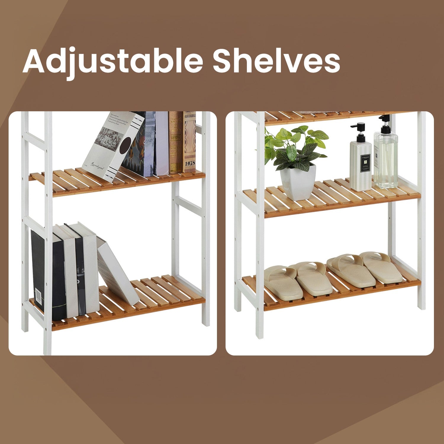 5-Tier Storage Shelf – Bamboo – White and Natural – Adjustable Heights