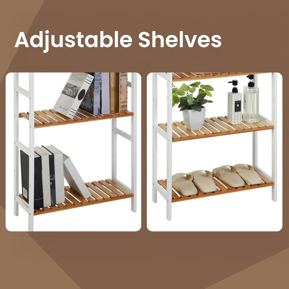 5-Tier Storage Shelf – Bamboo – White and Natural – Adjustable Heights