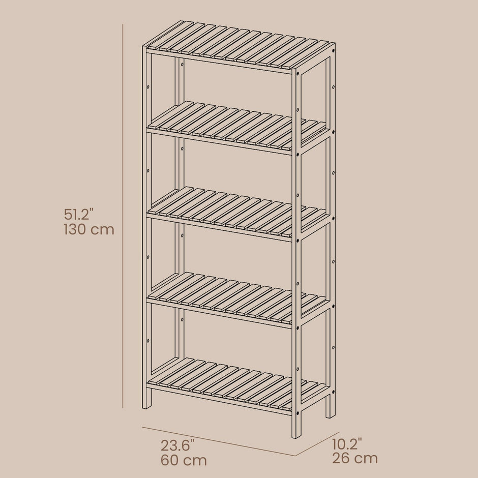 5-Tier Storage Shelf – Bamboo – White and Natural – Adjustable Heights
