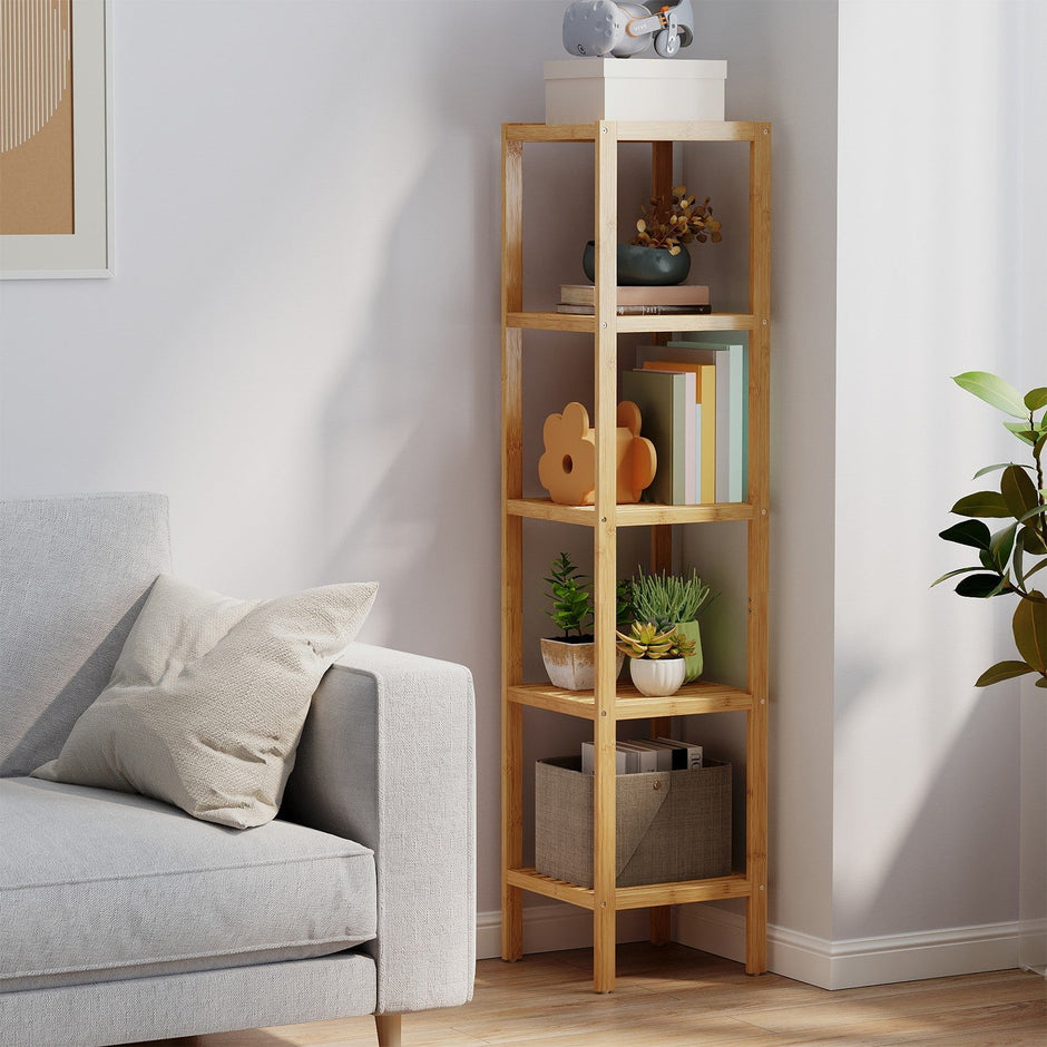 Bamboo Storage Shelf – 5-Tier – Natural Finish – Space-Saving Design for Narrow Spaces