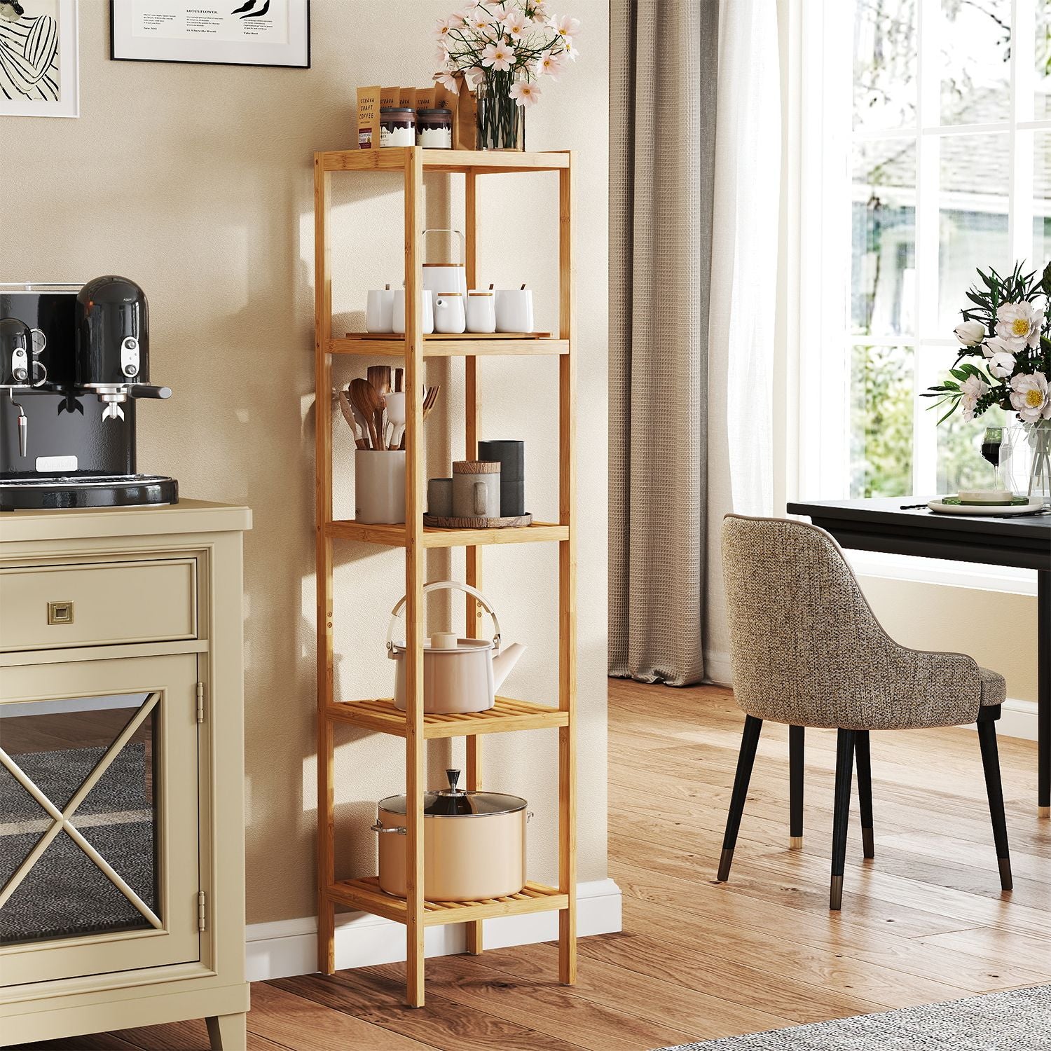 Bamboo Storage Shelf – 5-Tier – Natural Finish – Space-Saving Design for Narrow Spaces
