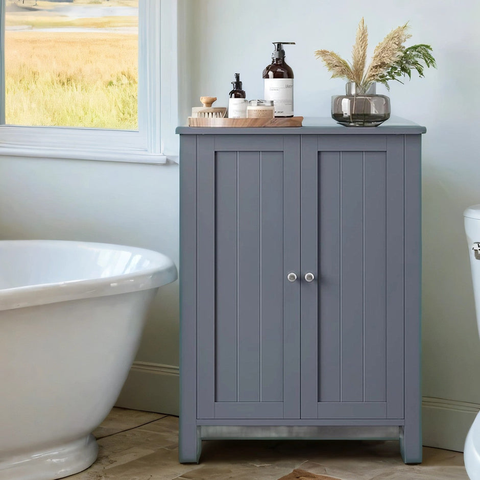 Bathroom Floor Storage Cabinet – Wood – White – Freestanding with 2 Doors and 2 Adjustable Shelves