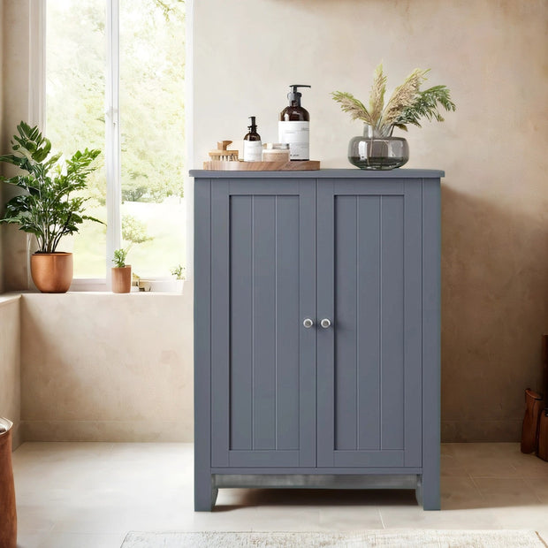 Bathroom Floor Storage Cabinet – Wood – White – Freestanding with 2 Doors and 2 Adjustable Shelves