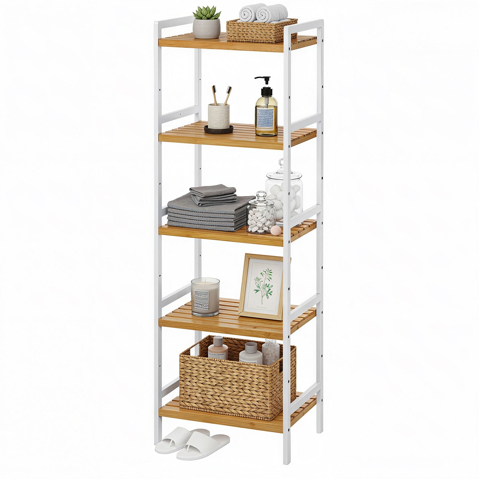 5-Tier Shelf Unit – Bamboo – Natural White – Versatile Storage Organizer for Kitchen and Bathroom