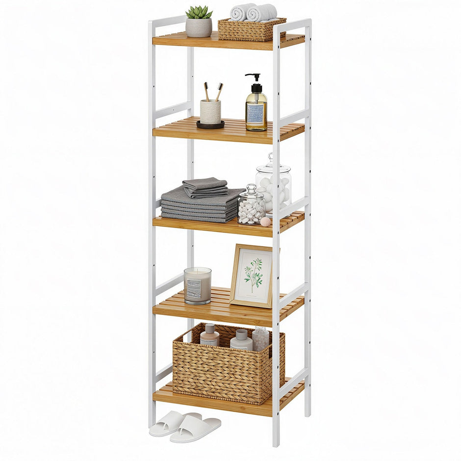 5-Tier Shelf Unit – Bamboo – Natural White – Versatile Storage Organizer for Kitchen and Bathroom