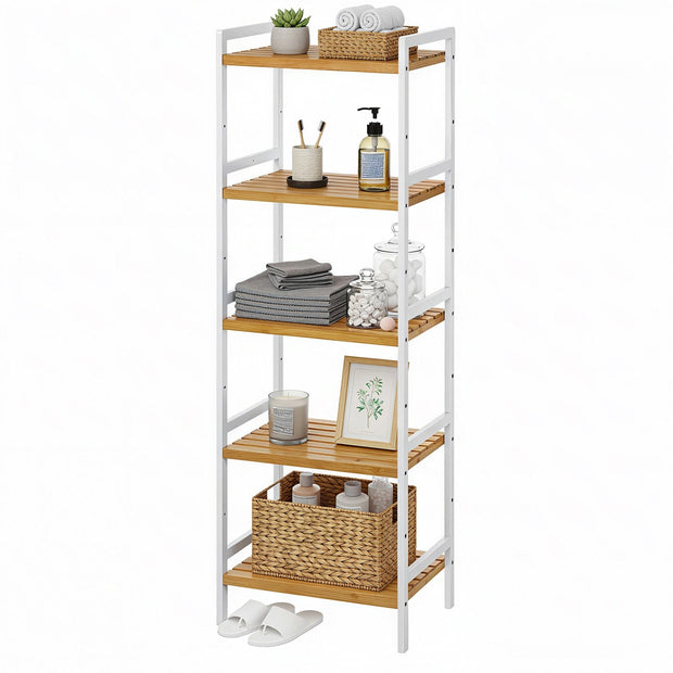 5-Tier Shelf Unit – Bamboo – Natural White – Versatile Storage Organizer for Kitchen and Bathroom