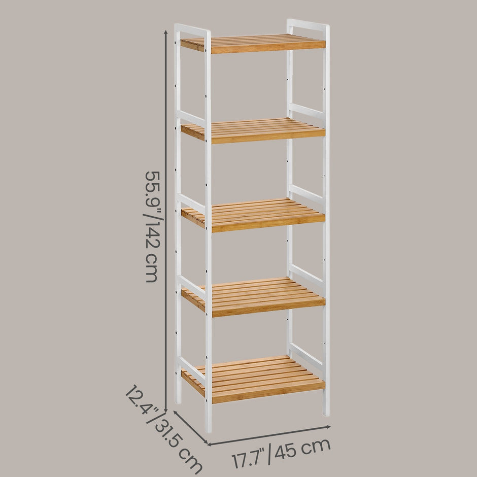 5-Tier Shelf Unit – Bamboo – Natural White – Versatile Storage Organizer for Kitchen and Bathroom