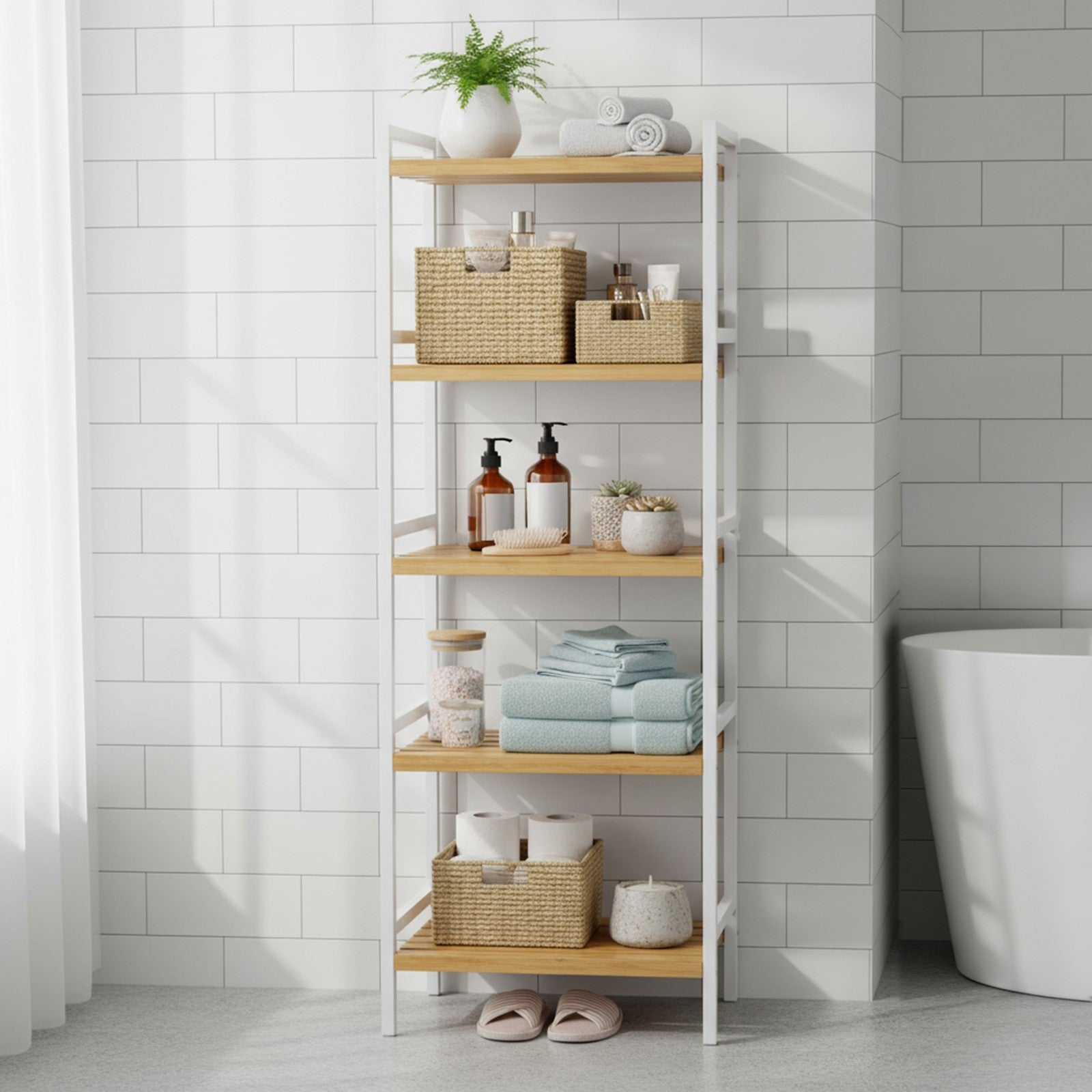 5-Tier Shelf Unit – Bamboo – Natural White – Versatile Storage Organizer for Kitchen and Bathroom