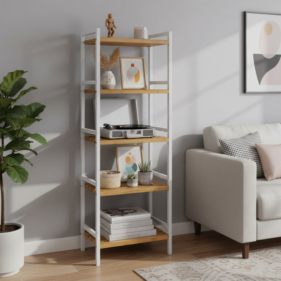 5-Tier Shelf Unit – Bamboo – Natural White – Versatile Storage Organizer for Kitchen and Bathroom