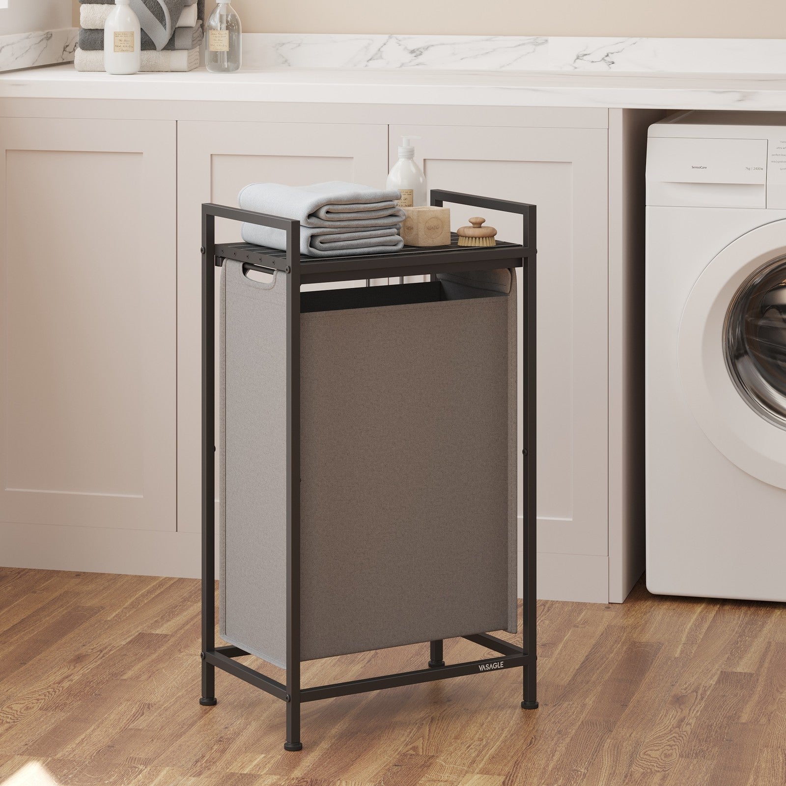 Laundry Hamper – Metal Frame – Rustic Brown and Black – Pull-Out Liner with Shelf, 65L