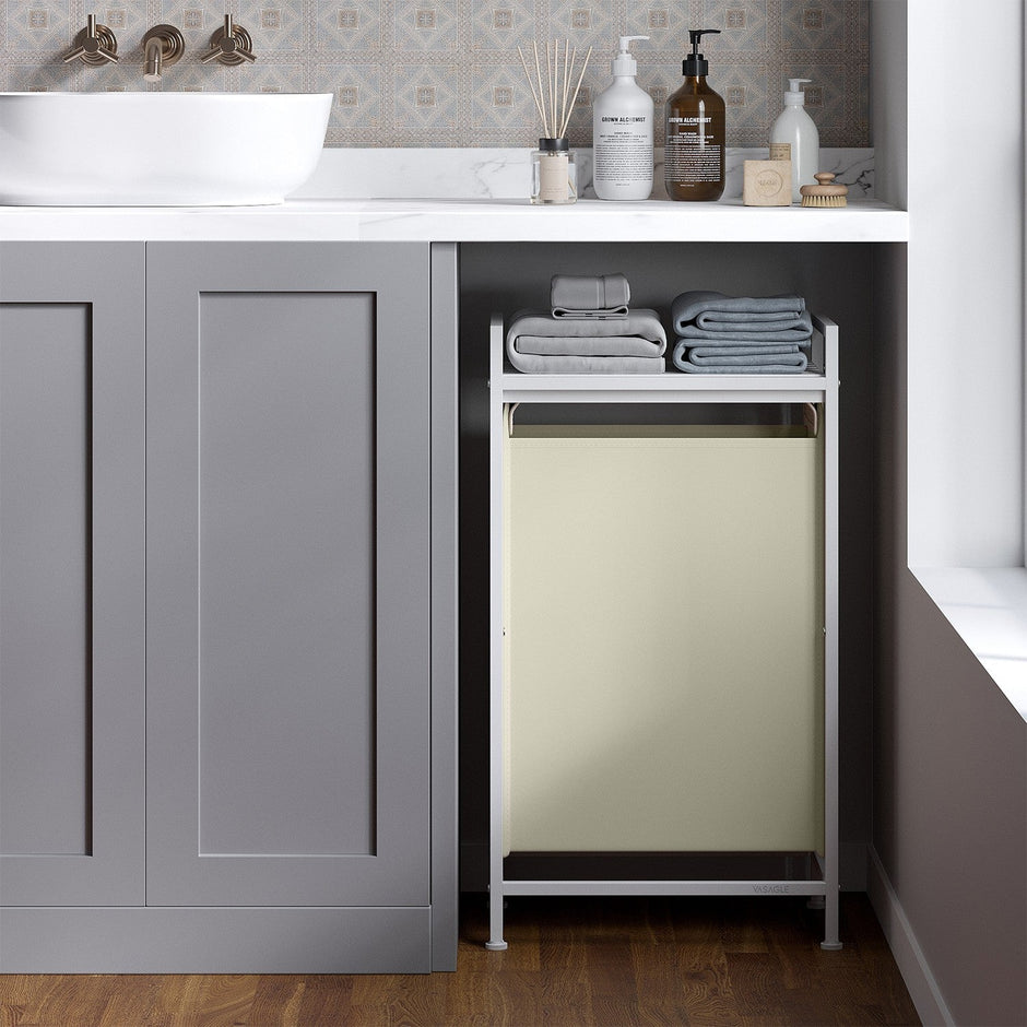 Laundry Hamper – Metal Frame – Rustic Brown and Black – Pull-Out Liner with Shelf, 65L