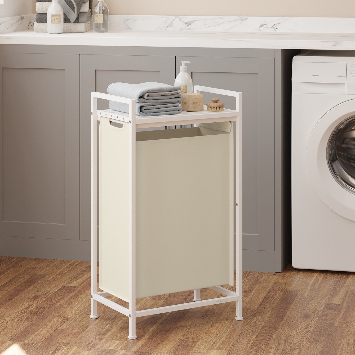 Laundry Hamper – Metal Frame – Rustic Brown and Black – Pull-Out Liner with Shelf, 65L