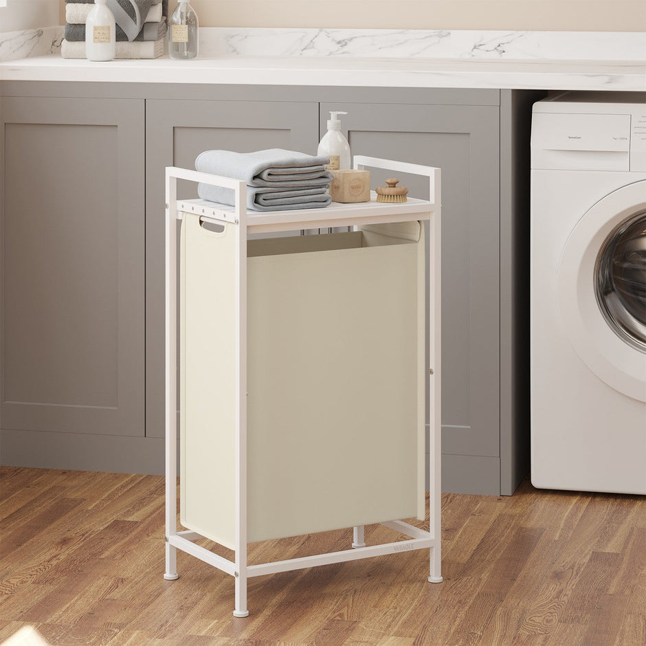 Laundry Hamper – Metal Frame – Rustic Brown and Black – Pull-Out Liner with Shelf, 65L