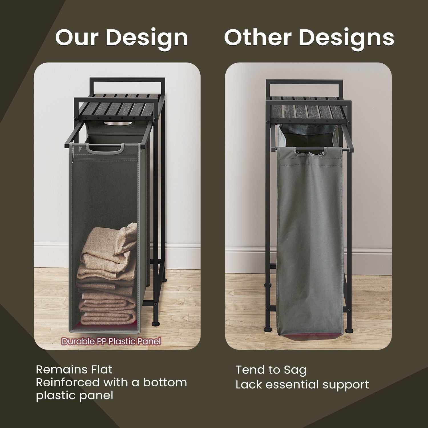 Laundry Hamper – Metal – Rustic Brown and Black – Pull-Out Liner with Shelf, 65L