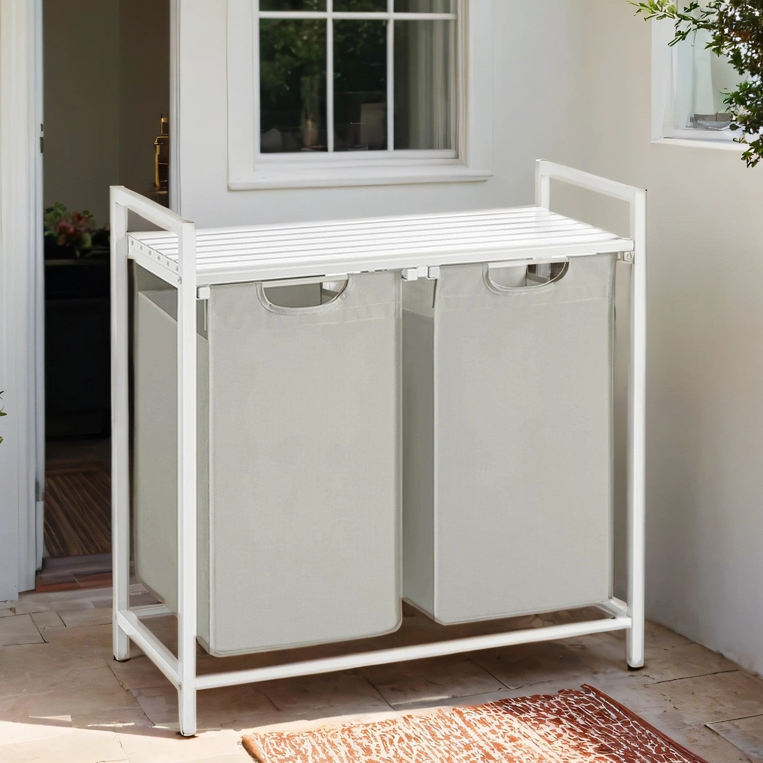 Laundry Hamper – Fabric – White – Double Compartment with 2 Removable Bags