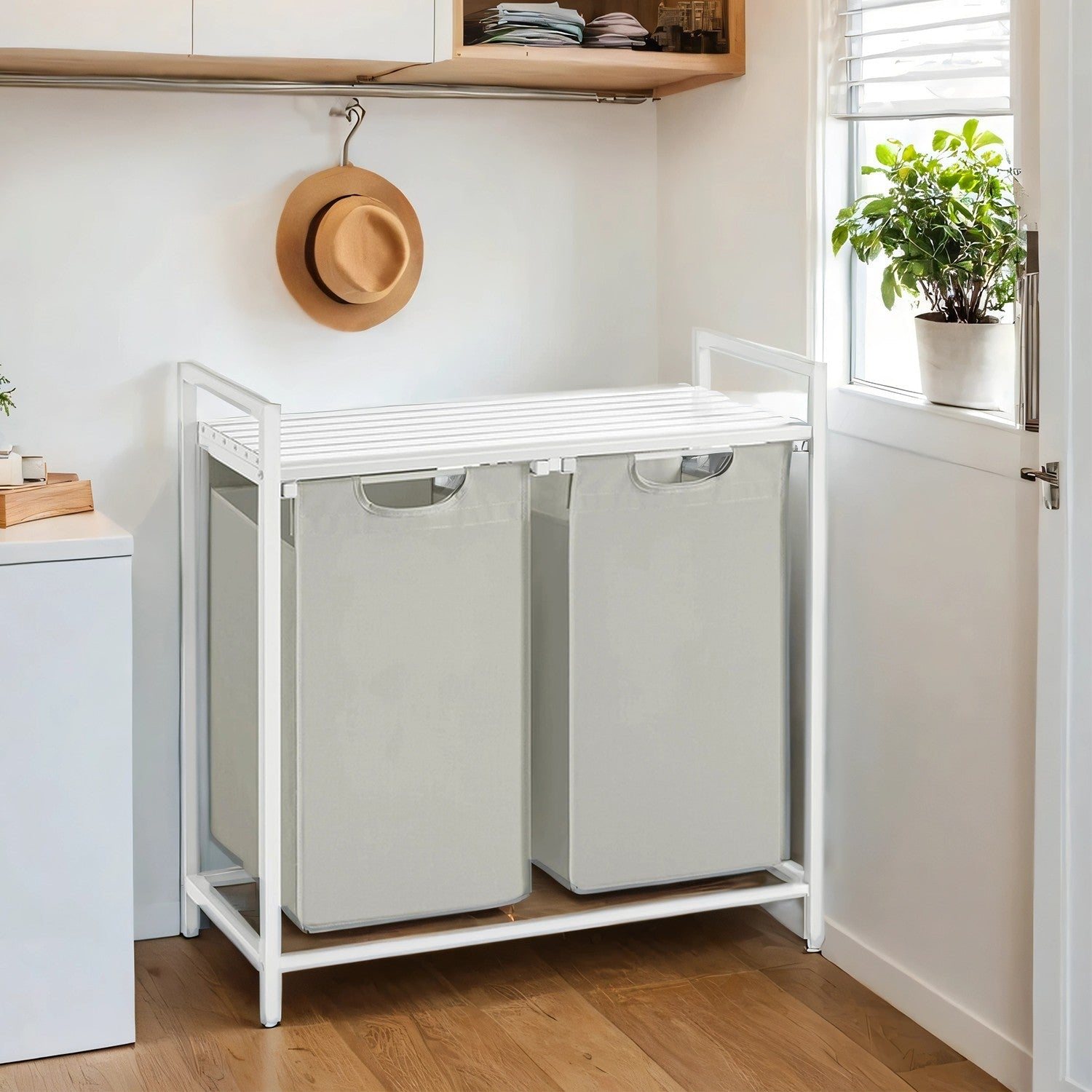 Laundry Hamper – Fabric – White – Double Compartment with 2 Removable Bags