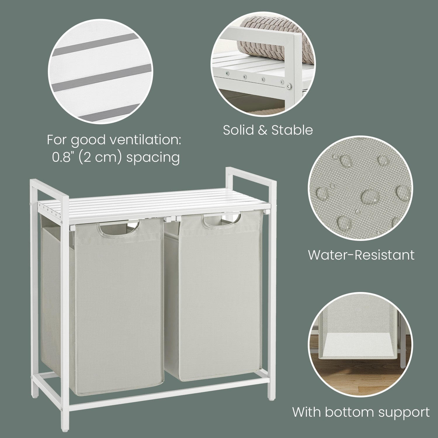 Laundry Hamper – Fabric – White – Double Compartment with 2 Removable Bags