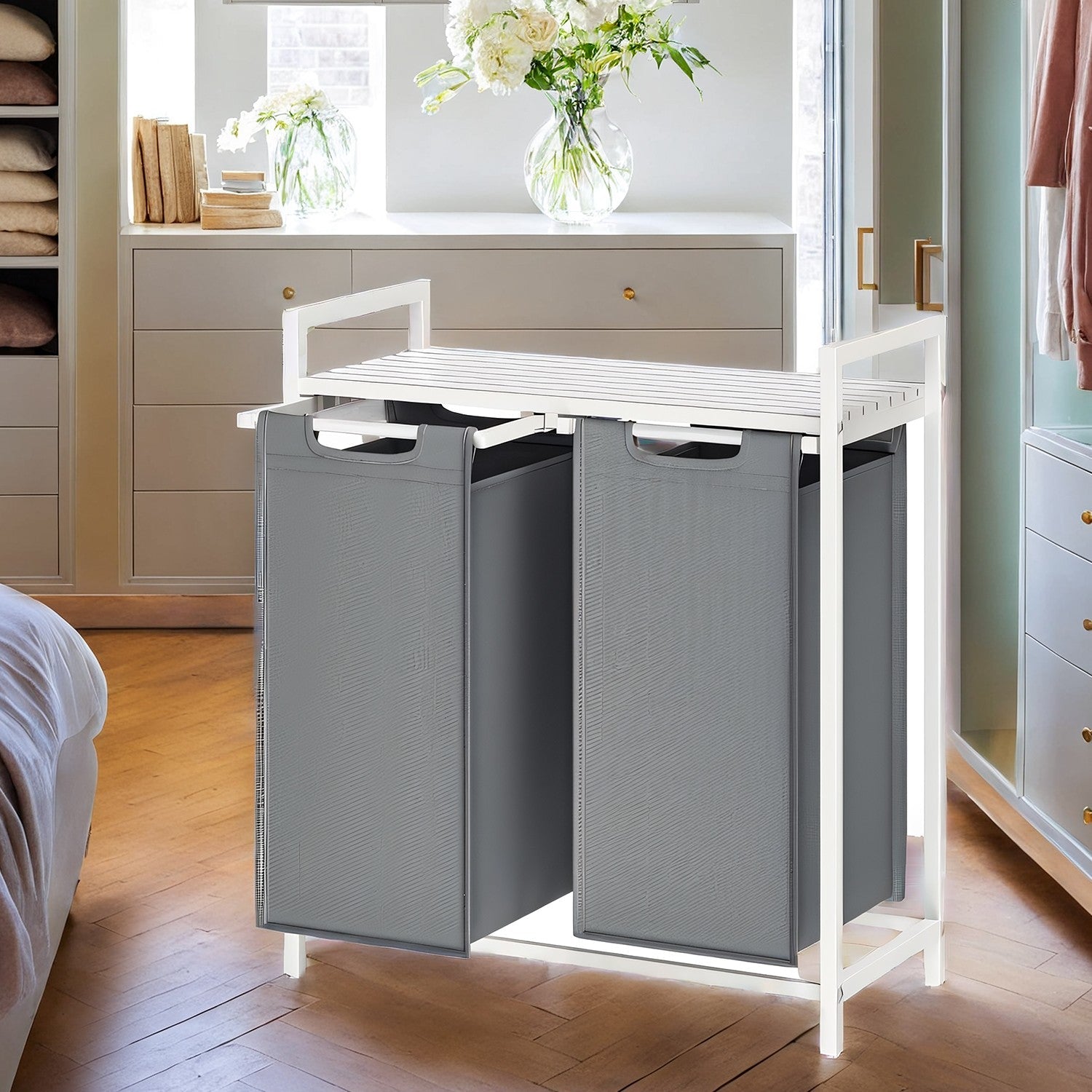 Laundry Hamper – Fabric – Grey and White – 2-Section with Removable Bags and Shelf, 2 x 46 L