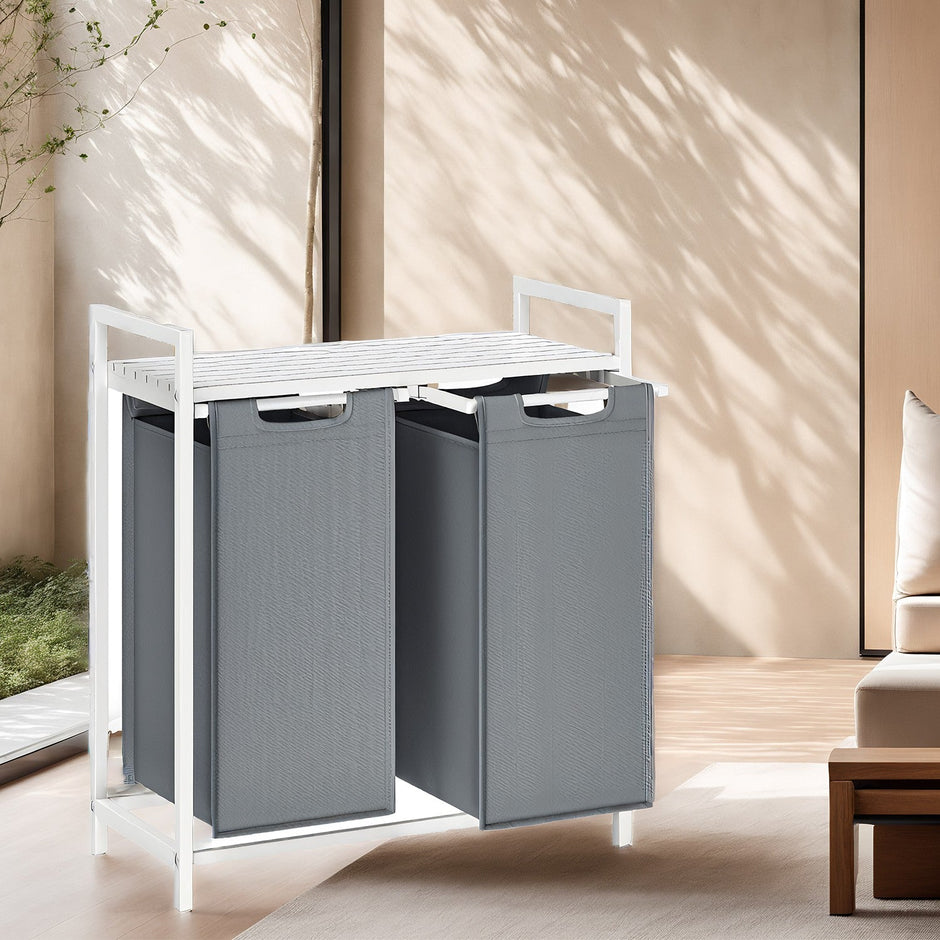 Laundry Hamper – Fabric – Grey and White – 2-Section with Removable Bags and Shelf, 2 x 46 L