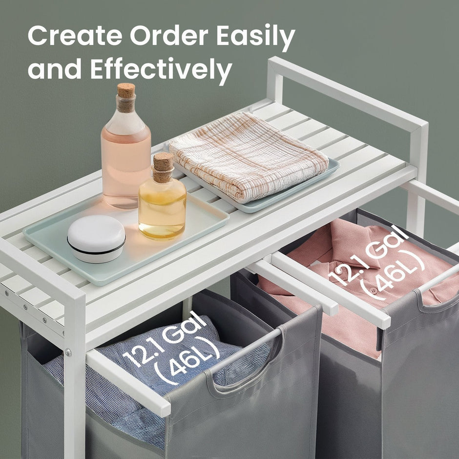 Laundry Hamper – Fabric – Grey and White – 2-Section with Removable Bags and Shelf, 2 x 46 L