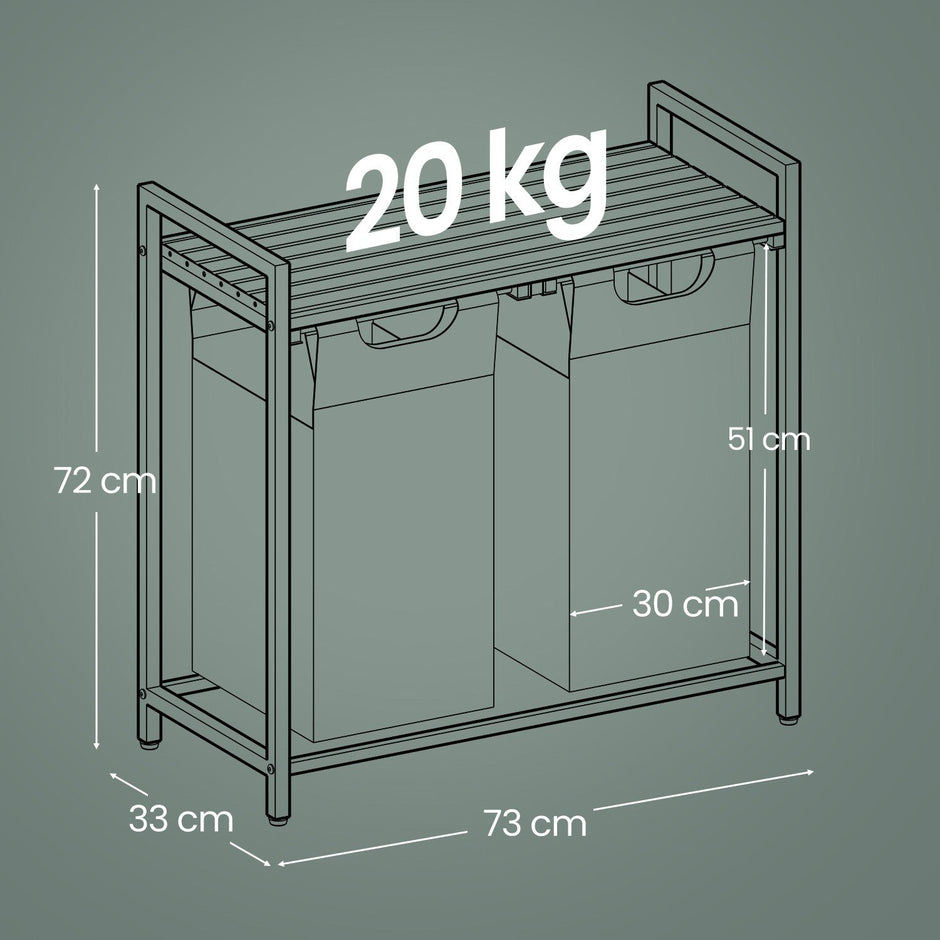 Laundry Hamper – Fabric – Grey and White – 2-Section with Removable Bags and Shelf, 2 x 46 L
