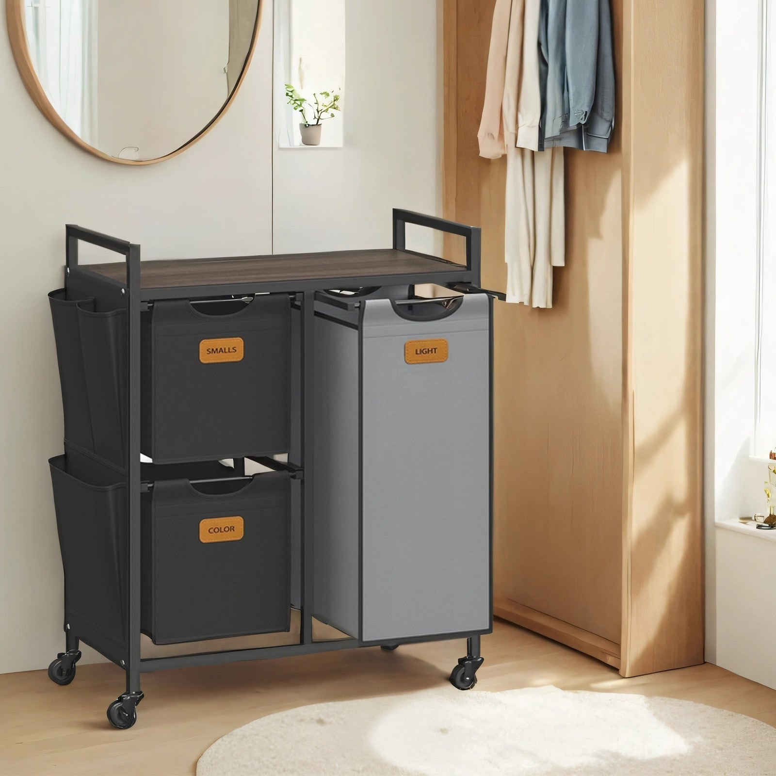 3-Compartment Laundry Hamper – Engineered Wood – Chestnut Brown – Rolling Cart with Shelves and Removable Liners