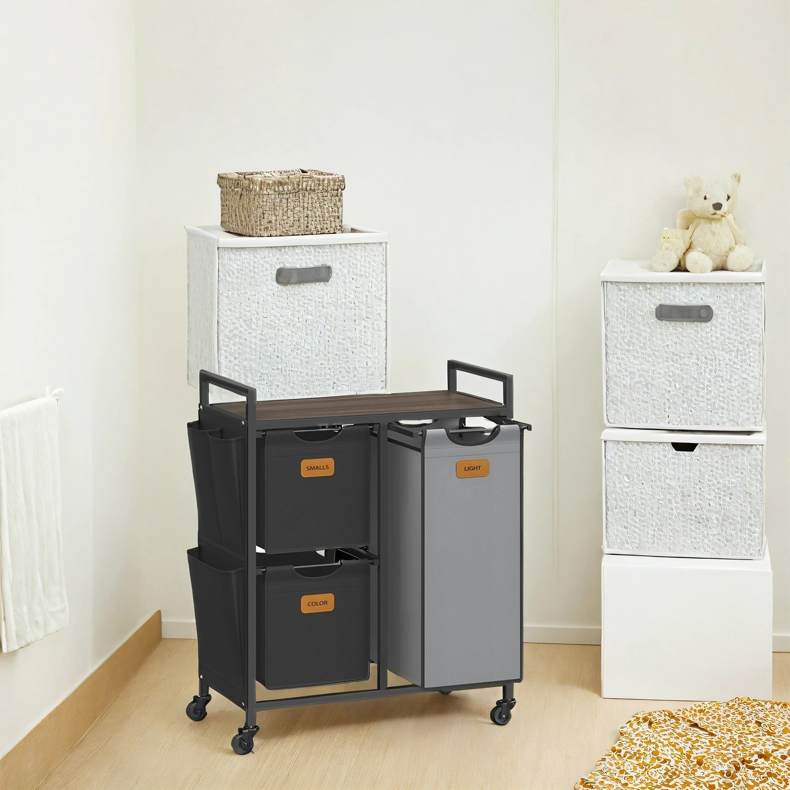 3-Compartment Laundry Hamper – Engineered Wood – Chestnut Brown – Rolling Cart with Shelves and Removable Liners