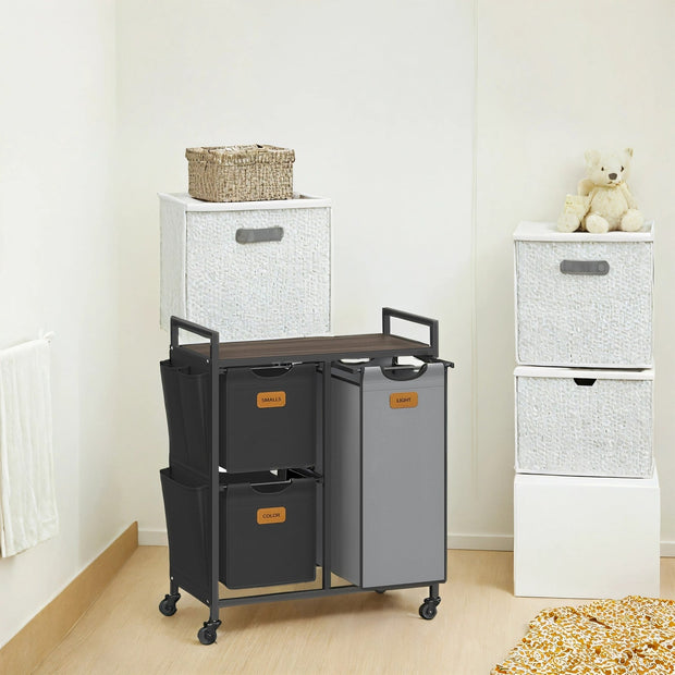 3-Compartment Laundry Hamper – Engineered Wood – Chestnut Brown – Rolling Cart with Shelves and Removable Liners