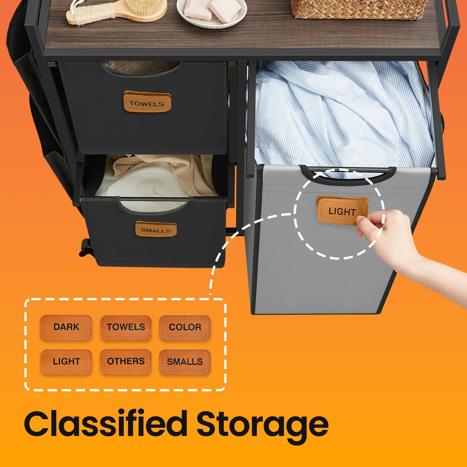 3-Compartment Laundry Hamper – Engineered Wood – Chestnut Brown – Rolling Cart with Shelves and Removable Liners