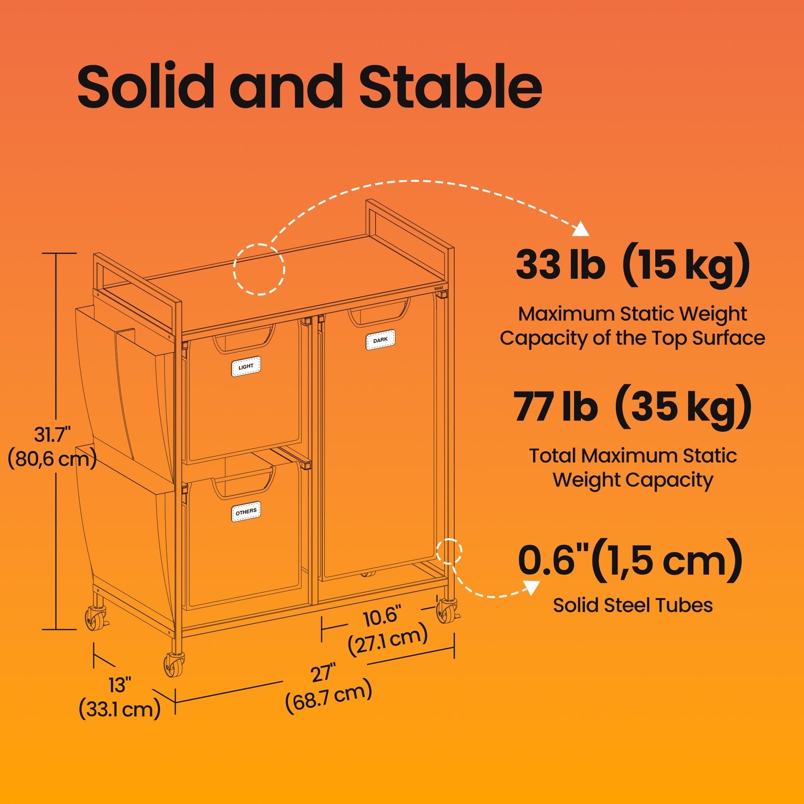 3-Compartment Laundry Hamper – Engineered Wood – Chestnut Brown – Rolling Cart with Shelves and Removable Liners