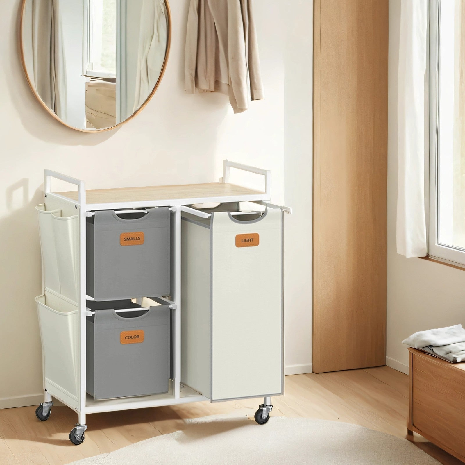 3-Compartment Laundry Sorter – Fabric – Natural Beige – Rolling Cart with Shelves and Removable Liners