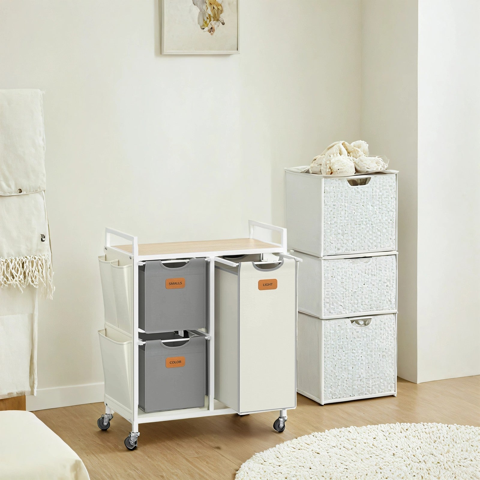 3-Compartment Laundry Sorter – Fabric – Natural Beige – Rolling Cart with Shelves and Removable Liners