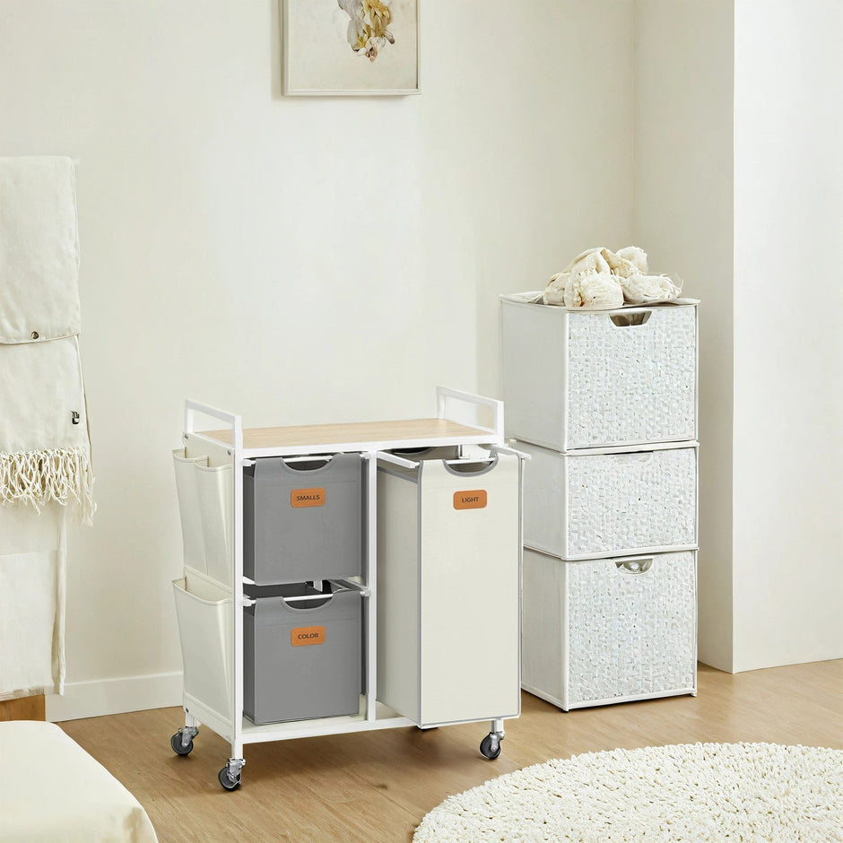 3-Compartment Laundry Sorter – Fabric – Natural Beige – Rolling Cart with Shelves and Removable Liners